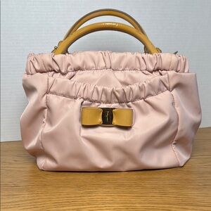 SALVATORE FERRAGAMO Powder Pink Vala Nylon‎ Handbag Bow Accent Ruched Edg…